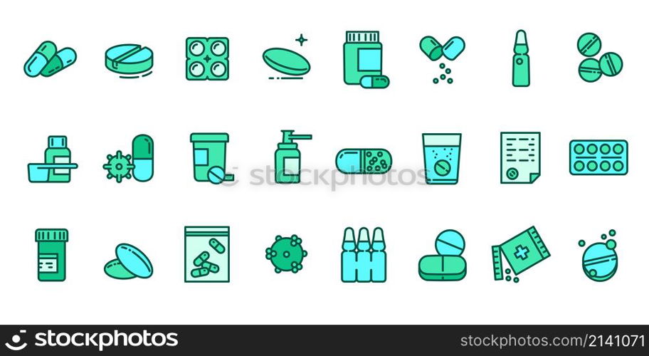 Sntibiotic icons set outline vector. Doctor capsules. Medicine pills. Sntibiotic icons set outline vector. Doctor capsules