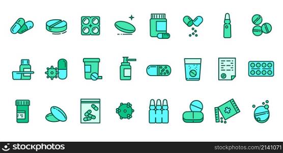 Sntibiotic icons set outline vector. Doctor capsules. Medicine pills. Sntibiotic icons set outline vector. Doctor capsules