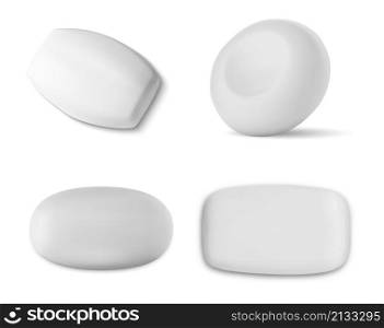 Soap bar vector mockup. Antibacterial soap solid bar isolated illustration. Toilet detergent, hygiene cosmetics design. Circle and ellipse shape soap, spa and bath purity brand, white color. Soap bar vector mockup. Antibacterial soap solid bar