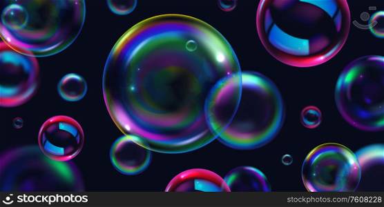 Soap bright rainbow bubbles for holiday or fun realistic vector illustration