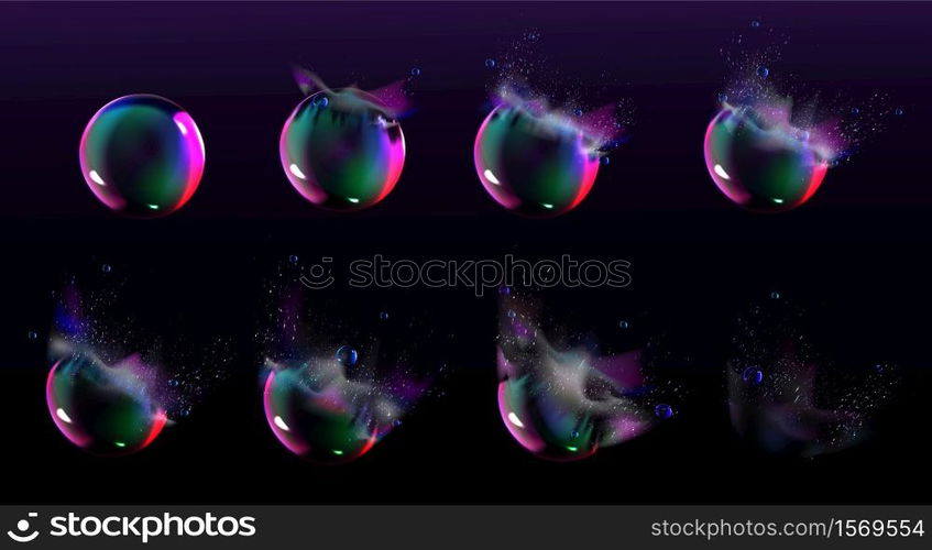 Soap bubble burst sprites for game or animation. Vector storyboard of realistic water sphere explosion with splash and drops. Set of sequence explode of glossy rainbow bubble. Soap bubble burst sprites for game or animation