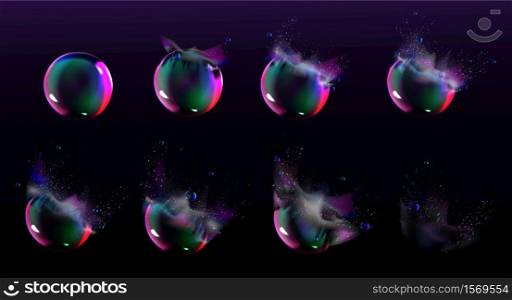 Soap bubble burst sprites for game or animation. Vector storyboard of realistic water sphere explosion with splash and drops. Set of sequence explode of glossy rainbow bubble. Soap bubble burst sprites for game or animation