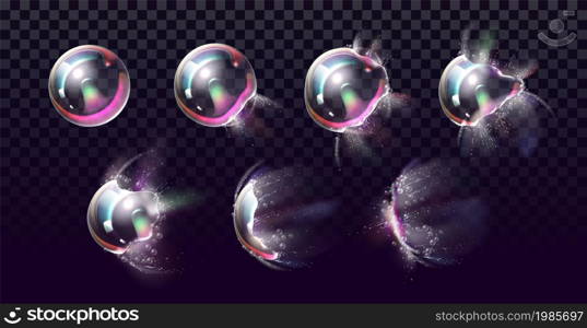 Soap bubble explosion stages. Realistic rainbow color ball bursts with splashes by frame. Spherical transparent objects break. 3D bursting foam element. Vector isolated iridescent froth spheres set. Soap bubble explosion stages. Realistic rainbow ball bursts with splashes by frame. Spherical transparent objects break. 3D bursting foam element. Vector iridescent froth spheres set