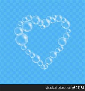 Soap bubble heart shaped composition isolated on transparent background. Liquid ball template. Clear sphere with soft shadow.
