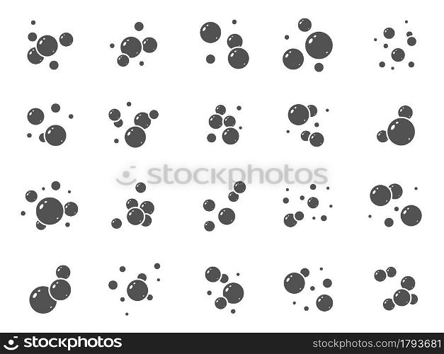 Soap bubble icons. Foam, boiling and fizzy symbols, hygiene and clean pictograms, black silhouette simple circles compositions. Cleaning detergent or shampoo vector isolated on white background set. Soap bubble icons. Foam, boiling and fizzy symbols, hygiene and clean pictograms, black silhouette simple circles compositions. Cleaning detergent or shampoo vector isolated set