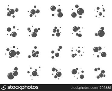 Soap bubble icons. Foam, boiling and fizzy symbols, hygiene and clean pictograms, black silhouette simple circles compositions. Cleaning detergent or shampoo vector isolated on white background set. Soap bubble icons. Foam, boiling and fizzy symbols, hygiene and clean pictograms, black silhouette simple circles compositions. Cleaning detergent or shampoo vector isolated set