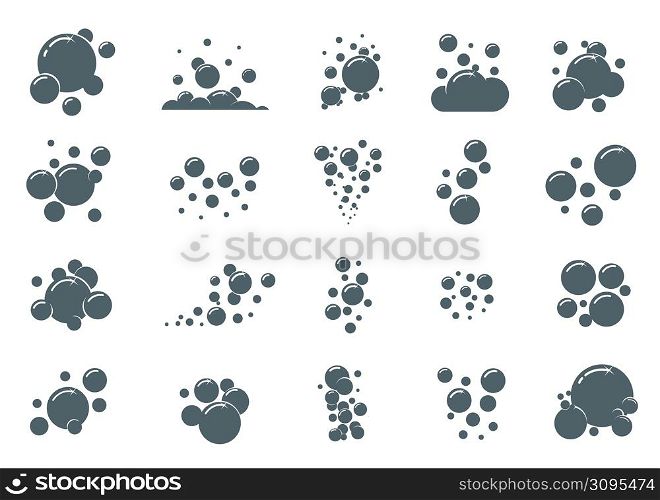 Soap bubble icons. Simple monochrome air froth compositions. Soda water fizzy effect. Black boiling silhouettes. Foam graphic signs. Shampoo or powder scum. Vector isolated soapy sphere groups set. Soap bubble icons. Simple monochrome air froth compositions. Soda water fizzy effect. Black boiling silhouettes. Foam graphics. Shampoo or powder scum. Vector isolated soapy spheres set