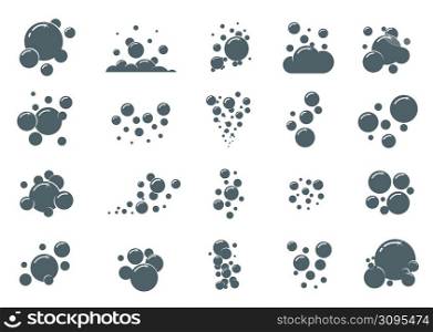 Soap bubble icons. Simple monochrome air froth compositions. Soda water fizzy effect. Black boiling silhouettes. Foam graphic signs. Shampoo or powder scum. Vector isolated soapy sphere groups set. Soap bubble icons. Simple monochrome air froth compositions. Soda water fizzy effect. Black boiling silhouettes. Foam graphics. Shampoo or powder scum. Vector isolated soapy spheres set