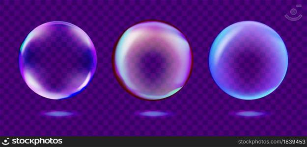 Soap Bubble Set in Realistic Style isolated on Purple Transparent Background. Vector illustration.
