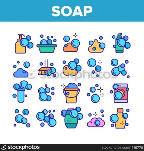 Soap Bubbles And Foam Collection Icons Set Vector Thin Line. Soap In Bottle For Wash Hand, In Bucket And In Laundry Machine Concept Linear Pictograms. Color Contour Illustrations. Soap Bubbles And Foam Collection Icons Set Vector