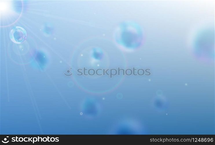 Soap bubbles blue defocused background, realistic transparent rainbow air spheres with reflections and highlights floating through air in rays of sunlight. Beautiful design element. Soap bubbles blue background,