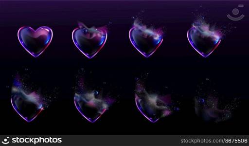 Soap bubbles in shape of heart burst sprites video animation sequence stages. Game user interface GUI elements, computer or web and motion design, love development storyboard, Realistic 3d vector set. Soap bubbles heart shape burst sprites animation