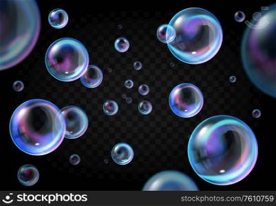 Soap bubbles on transparent background, realistic vector water foam balls with rainbow color reflections. Floating colorful soap bubbles, bath, shower and laundry objects design. Realistic soap bubbles on transparent background