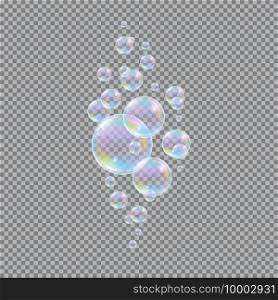 Soap bubbles. Realistic 3d water soapy balls isolated on transparent background. Abstract magic bubbly liquid vector illustration. Sh&oo foam 3d rounded ball multicolor closeup. Soap bubbles. Realistic 3d water soapy balls isolated on transparent background. Abstract magic bubbly liquid vector illustration