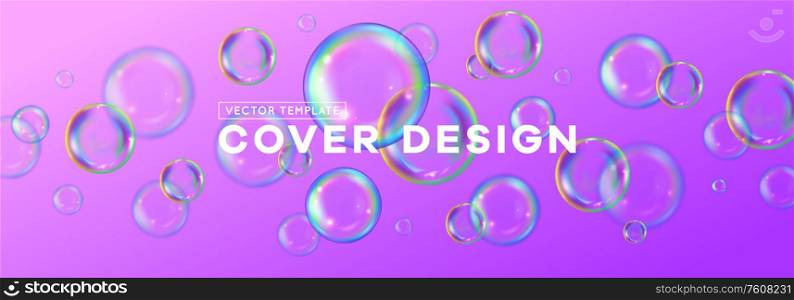 Soap bubbles realistic cover design on pink background horizontal vector illustration