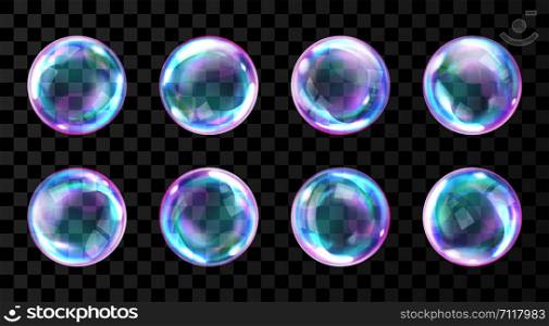 Soap bubbles, realistic transparent air spheres of rainbow colors with reflections and highlights isolated on checkered background, set of vector illustrations. Soap rainbow bubbles with reflections