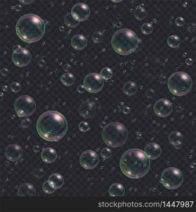 Soap bubbles seamless background. Abstract floating shampoo, bath lather pattern on dark backdrop. Realistic suds vector illustration.. Soap bubbles seamless background. Abstract floating shampoo, bath lather pattern.