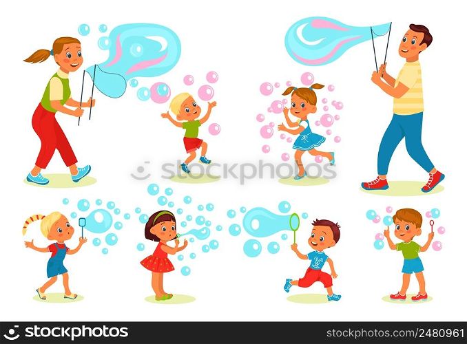 Soap bubbles show. Happy kids and parents blowing big foam balls. Cute boys and girls activities. Funny adults and children play. Cartoon people characters. Soapy balloons. Vector joyful persons set. Soap bubbles show. Happy kids and parents blowing foam balls. Cute boys and girls activities. Adults and children play. Cartoon people characters. Soapy balloons. Vector joyful persons set