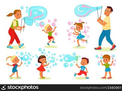 Soap bubbles show. Happy kids and parents blowing big foam balls. Cute boys and girls activities. Funny adults and children play. Cartoon people characters. Soapy balloons. Vector joyful persons set. Soap bubbles show. Happy kids and parents blowing foam balls. Cute boys and girls activities. Adults and children play. Cartoon people characters. Soapy balloons. Vector joyful persons set