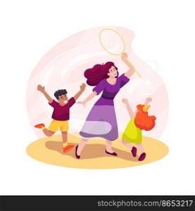 Soap bubbles show isolated cartoon vector illustration. Outdoor Birthday celebration, blowing soap bubbles, home party show, children entertainer, laughing kids, showing tricks vector cartoon.. Soap bubbles show isolated cartoon vector illustration.