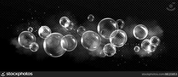 Soap bubbles with smoke and particles on black background. Abstract monochrome glass balls or spheres flying motion. Water foam, soapy circles graphic elements, Realistic 3d vector illustration. Soap bubbles with smoke and particles on black