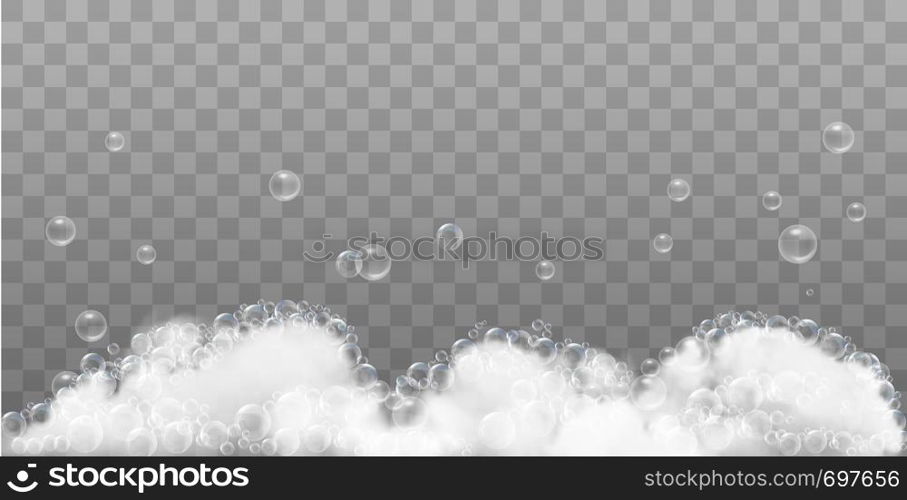 Soap foam and bubbles on transparent background. Vector illustration