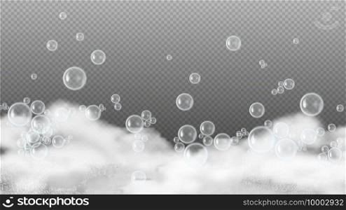 Soap foam. White suds, shiny water bubbles. Sh&oo or shower gel lather isolated on transparent background. Realistic foam vector background. Illustration sh&oo foam, soap white. Soap foam. White suds, shiny water bubbles. Sh&oo or shower gel lather isolated on transparent background. Realistic foam vector background
