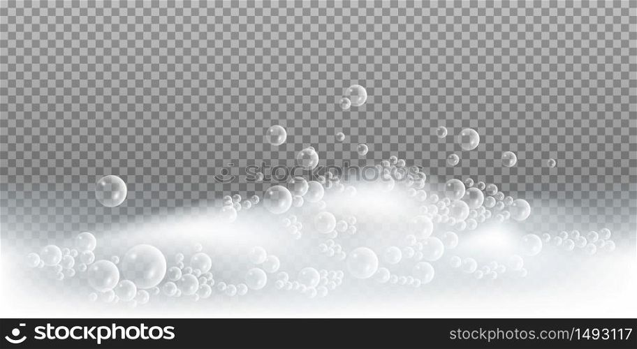 Soap foam with bubbles. Bath lather, isolated foam pattern on transparent background. Vector illustration