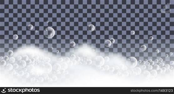 Soap foam with bubbles. Bath lather, isolated foam pattern on transparent background. Vector illustration