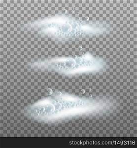 Soap foam with bubbles. Bath lather, set of isolated elements on transparent background. Vector illustration