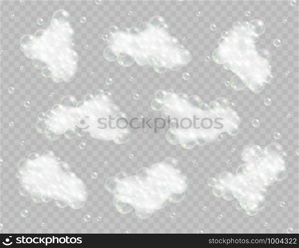 Soap foam with bubbles isolated on transparent background. Sparkling shampoo and bath lather vector illustration.. Soap foam with bubbles isolated on transparent background.