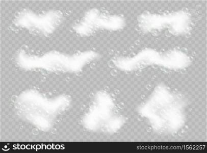 Soap foam with bubbles isolated on transparent background. Sparkling shampoo and bath lather vector illustration.. Soap foam with bubbles isolated on transparent background.