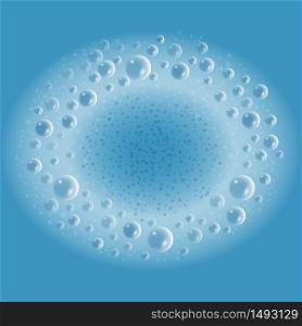 Soap foam with bubbles on blue water background. Vector illustration
