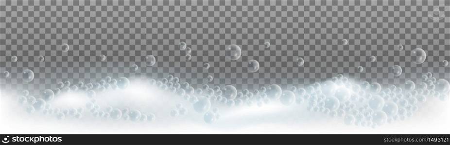 Soap foam with bubbles on transparent background. Bath lathe with fluffy texture Vector illustration