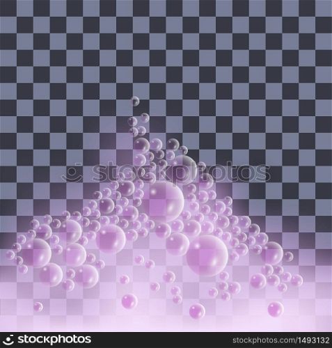 Soap foam with bubbles. Pink foam isolated on transparentr background. Vector illustration