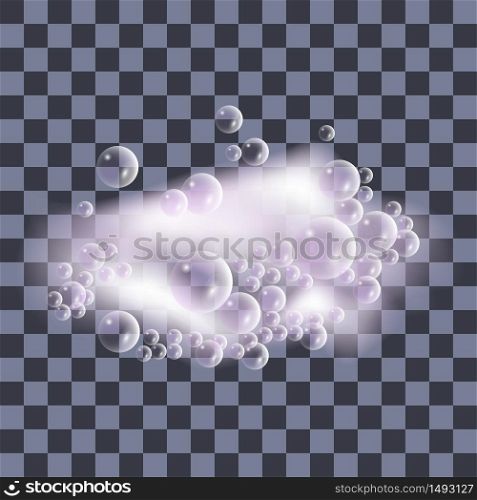 Soap foam with bubbles. Pink shampoo bath lather on transparent background. Vector illustration
