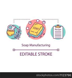 Soap manufacturing concept icon. Local production idea thin line illustration. Small bussiness handmade products. Traditional recipe, formula. Vector isolated outline drawing. Editable stroke