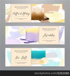 Soap Packaging Realistic Banners Set . Natural soap bars with sea salt honey coffee lavender packaging 3 realistic horizontal banners set vector illustration