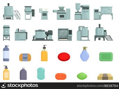 Soap production icons set cartoon vector. Chemical industry. Powder factory. Soap production icons set cartoon vector. Chemical industry