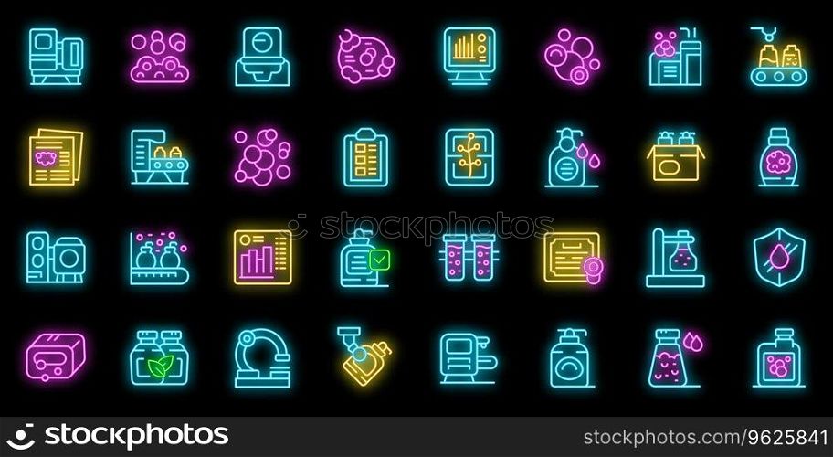 Soap production icons set outline vector. Factory powder. Quality spa neon color on black. Soap production icons set vector neon