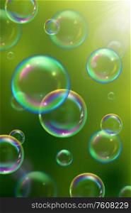 Soap rainbow bubbles realistic background with sun shining vector illustration
