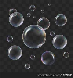 Soap transparent bubbles with rainbow reflection. Set water realistic soapy balls. Vector glossy bright abstract elements of stock illustration.. Soap transparent bubbles with rainbow reflection. Set water realistic soapy balls. Vector stock illustration.