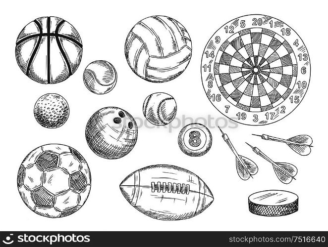 Soccer, american football and basketball, tennis and baseball, volleyball and bowling, billiards and golf games balls with ice hockey puck and darts arrows near target board. Vintage engraving sport items for sport and competition design. Sketched balls, hockey puck and darts items