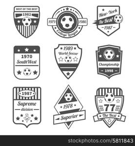 Soccer and football sport game label black set with ball and ribbons isolated vector illustration. Soccer Label Set