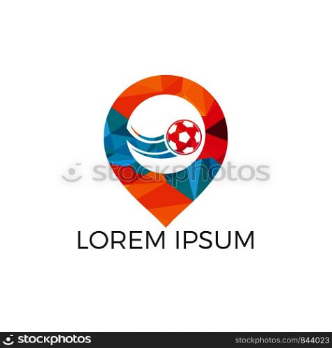 Soccer and map pointer logo design. Ball and gps locator symbol or icon. Unique football and pin logotype design template.