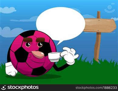 Soccer ball drinking coffee. Traditional football ball as a cartoon character with face.