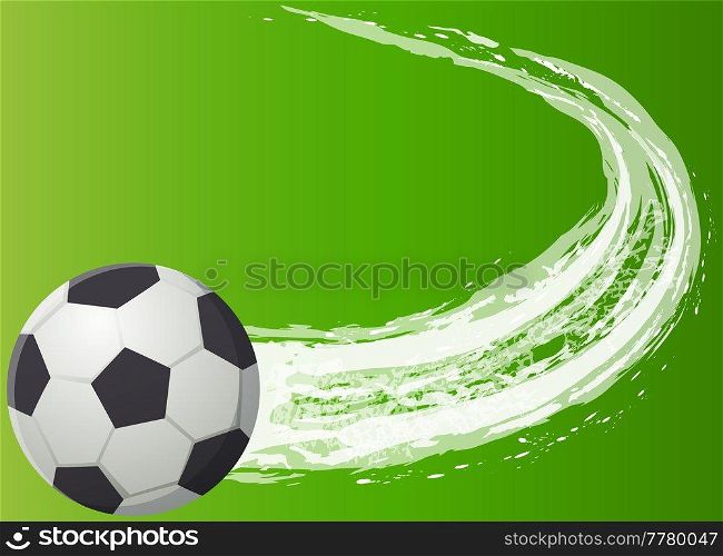 Soccer ball flies after strong hit leaves trail, black and white leather ball to play football on green background. Football spherical object with patches, sport equipment for playing soccer game. Soccer ball flies after strong hit leaves trail, black and white classic ball to play football