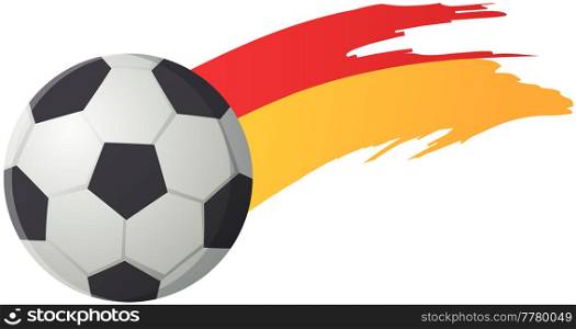 Soccer ball flies after strong hit leaves trail, black and white leather ball to play football on white background. Football spherical object with patches, sport equipment for playing soccer game. Soccer ball flies after strong hit leaves trail, black and white classic ball to play football