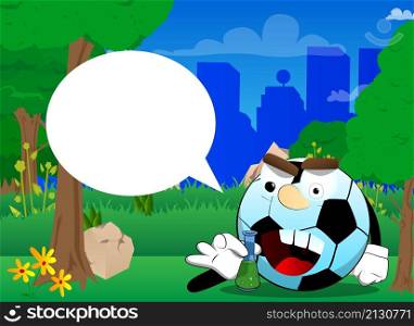 Soccer ball holding a test tube. Traditional football ball as a cartoon character with face.