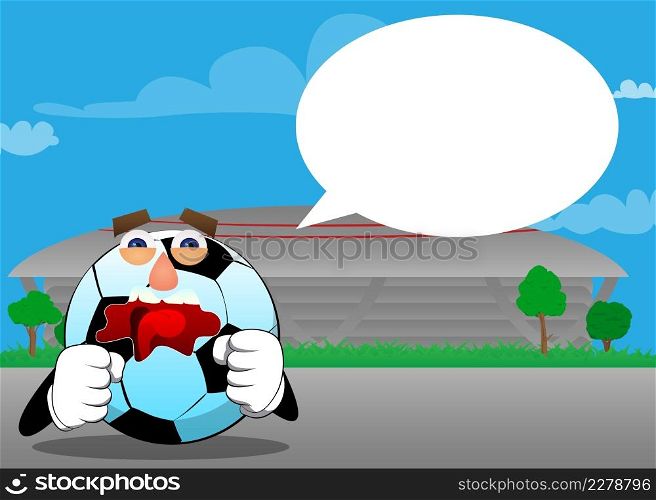 Soccer ball holding his fists in front of him ready to fight. Traditional football ball as a cartoon character with face.